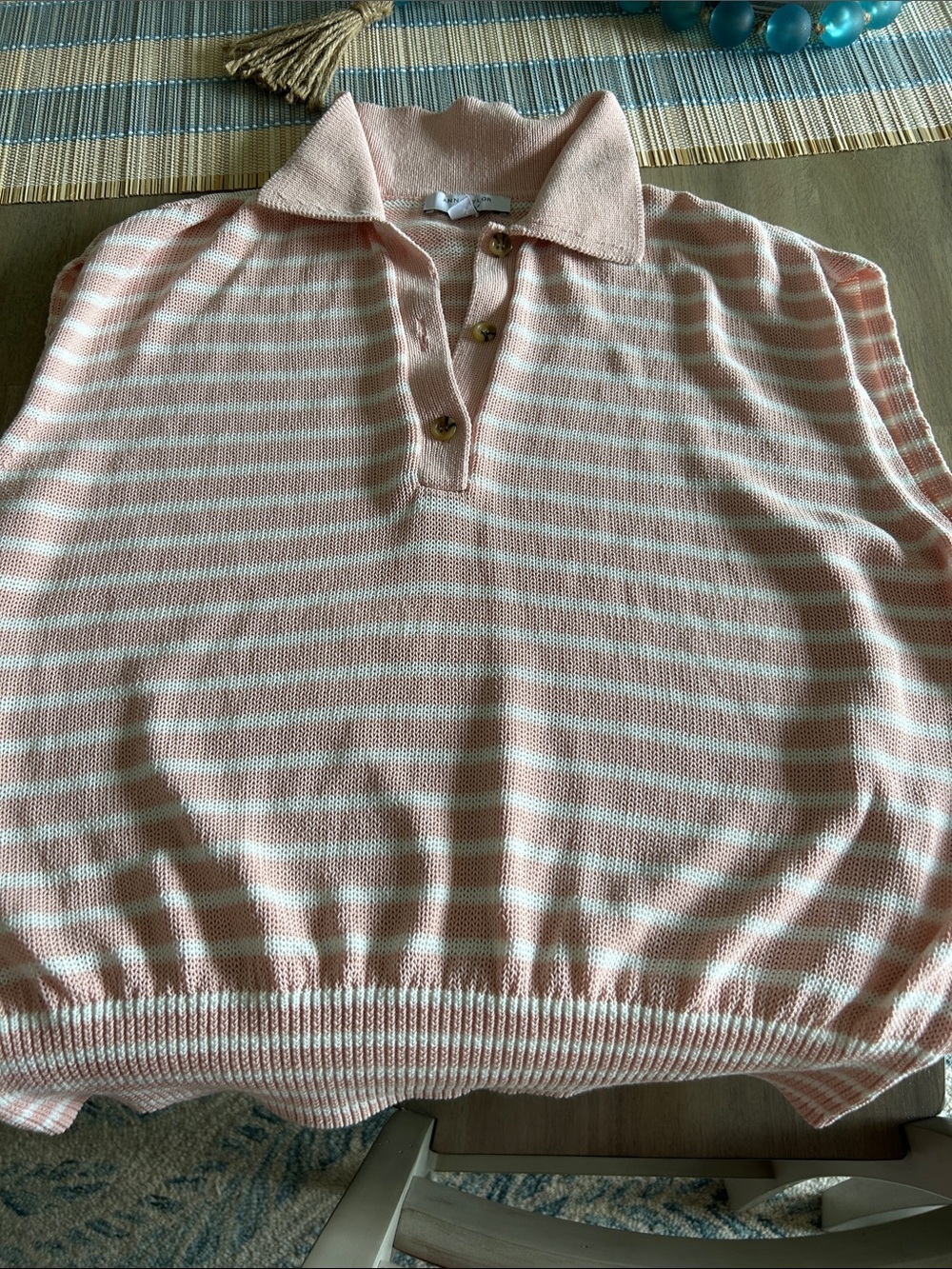 Ann Taylor Striped Polo V-Neck Sweater in Light Pink and White